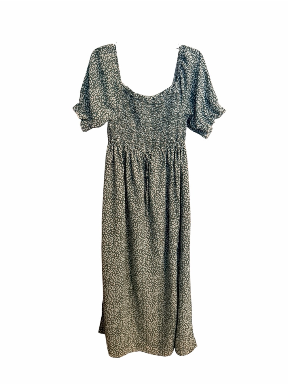 SHEIN Olive Green Smocked Midi Dress with Puff Sleeves